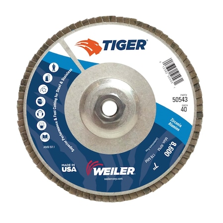 Weiler 7" Tiger DiscFlap Disc, Conical (TY29), 40Z, 5/8"-11 UNC 50543